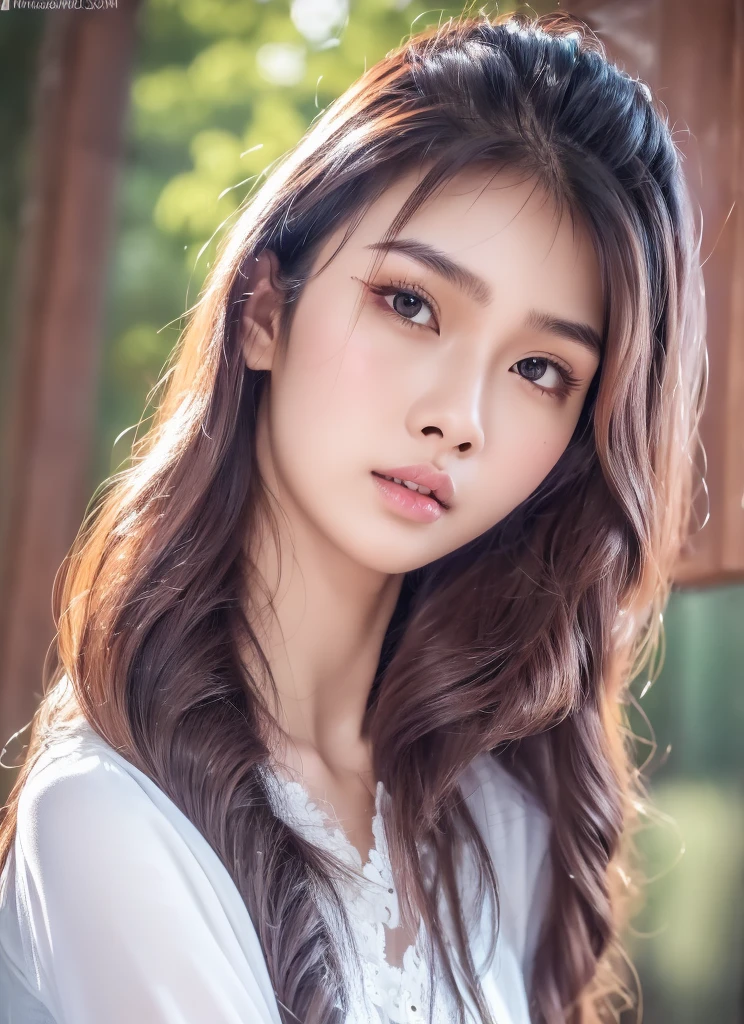 (best quality, 4K, masterpiece :1.3), detailed, beautiful, insanely detailed, absurdres, perfect anatomy, Thai beautiful girl, (slender), Super detailed face, Detailed lips, delicate eyes, long big wavy hair, full body shot, wear tight shirt