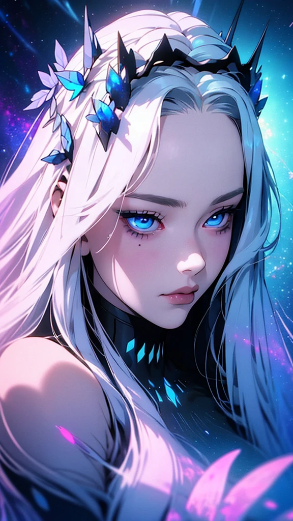 hyper-realistic of a mysterious woman with flowing silver hair, piercing blue eyes, and a delicate floral crown, upper body, lovely, spectrum, holographic, Transparent, galaxies