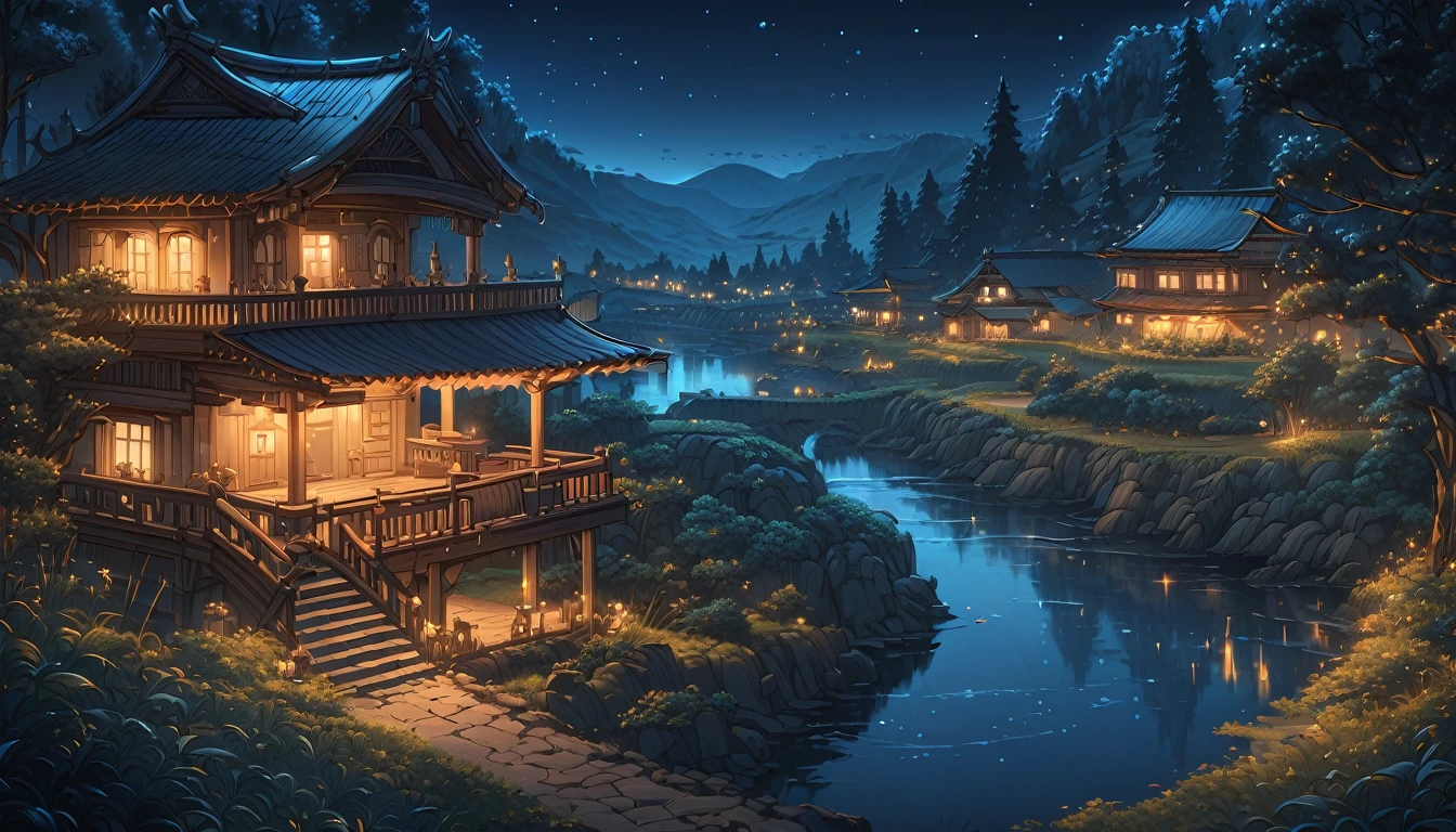 masterpiece, best quality, number, illustration, Anime style background, landscape, Low exposure, 4K resolution, Extreme details, Very detailed, night, light, Trees, Comfort, architecture