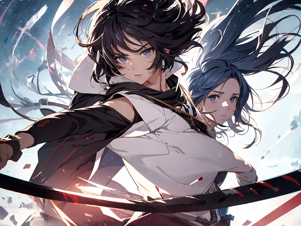 Background is white、One Woman, Amazing anime 8k,Attractive anime pose, male Anime characters, trigger anime art style,Japanese sword、 Best anime 4k konachan wallpaper, Nervous age Assassin, Anime-style characters, Anime characters,
