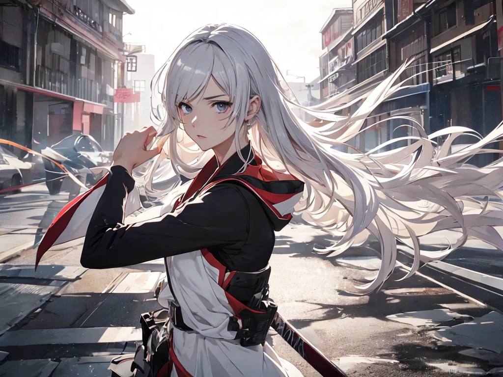 Background is white、One Woman, Amazing anime 8k,Attractive anime pose, male Anime characters, trigger anime art style,Japanese sword、 Best anime 4k konachan wallpaper, Nervous Teenage Assassin, Anime-style characters, Anime characters,