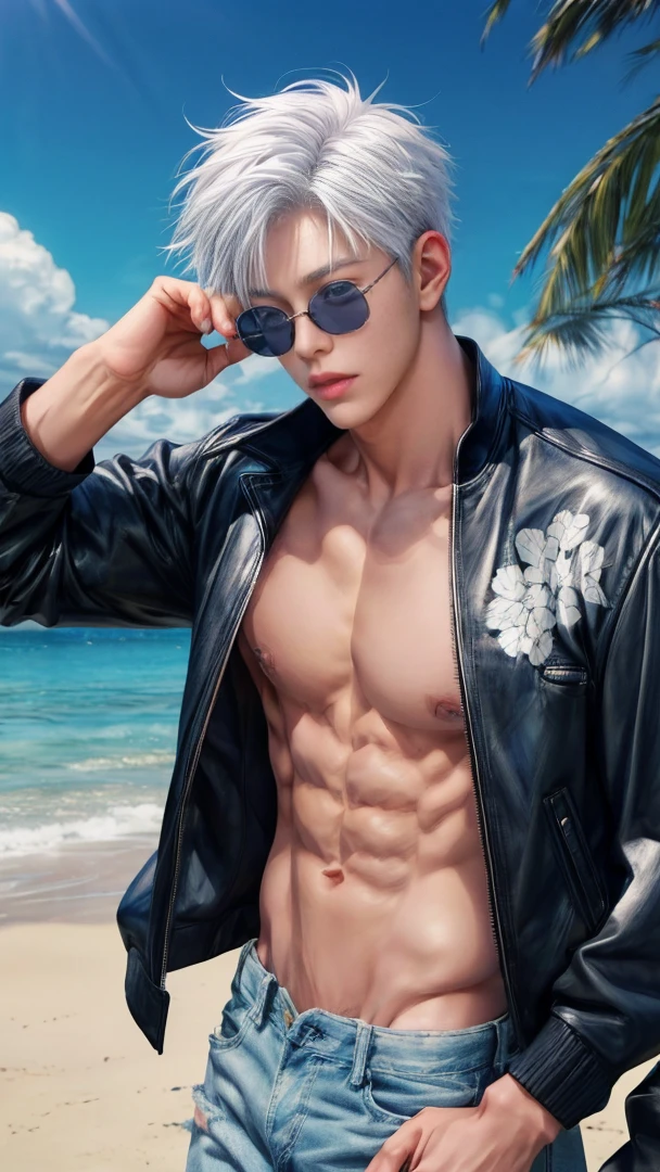 Japanese male model, adult, handsome, perfect face, detailed eyes and face, clean shaved, sixpack realistic, white eyebrow hair, white eyelashes, dynamic lighting, unreal engine 5, hd picture, satoru gojo, white hair, short hair ,hair between eyes ,blue eyes, white skin, Leather jacket, sunglasses, Short jeans