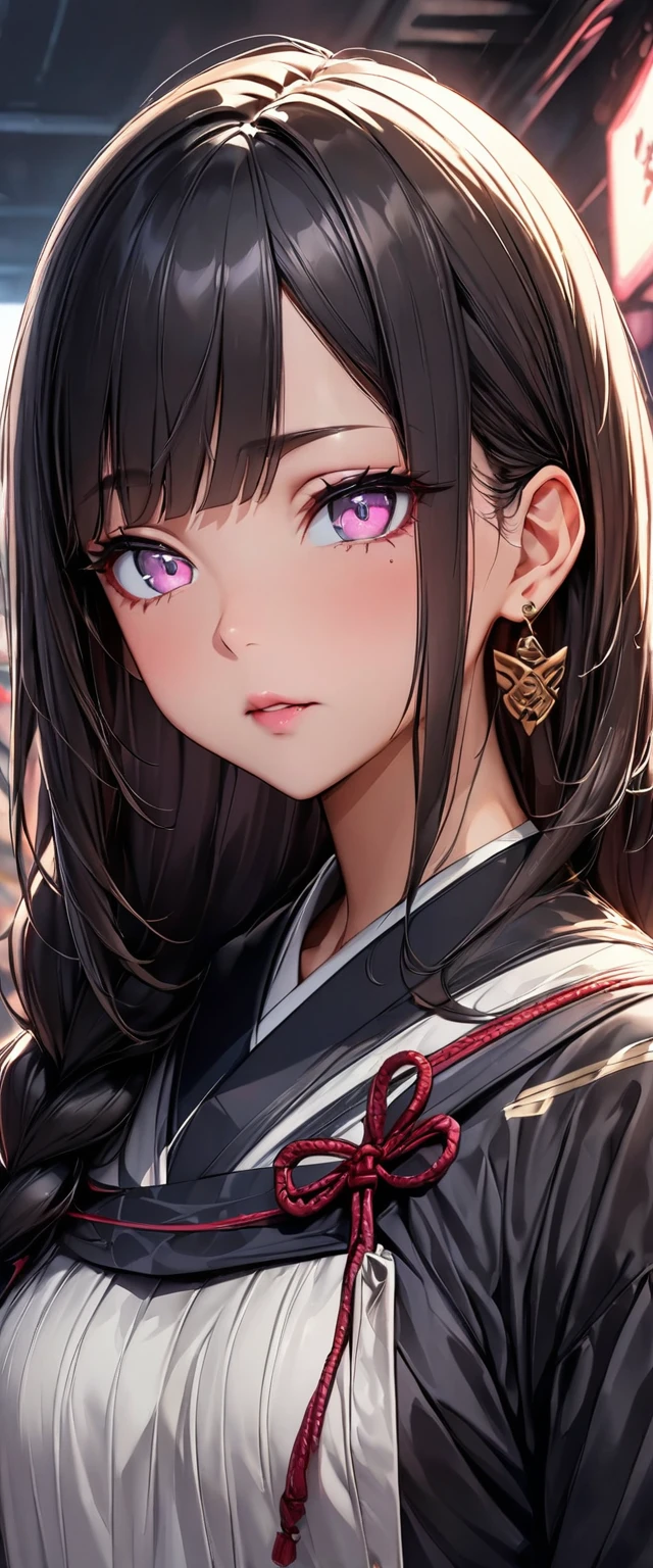 (Perfect Anatomy)、Mastepiece、Ultra High Quality、 8k、masterpiece、Highest quality、Ultra-high resolution、Maximum resolution、Very detailed、Professional Lighting、anime、woman、thin、Very beautiful face、Very beautiful eyes、(Highly detailed eye)、Highly detailed face, Golden earrings、Black Hair,、Pink eyes, Braiding、Straight bangs, contouring, makeup, eyeliner, eye shadow, pink cheek, pink lips, full body, standing, samurai armor, (((1girl))),