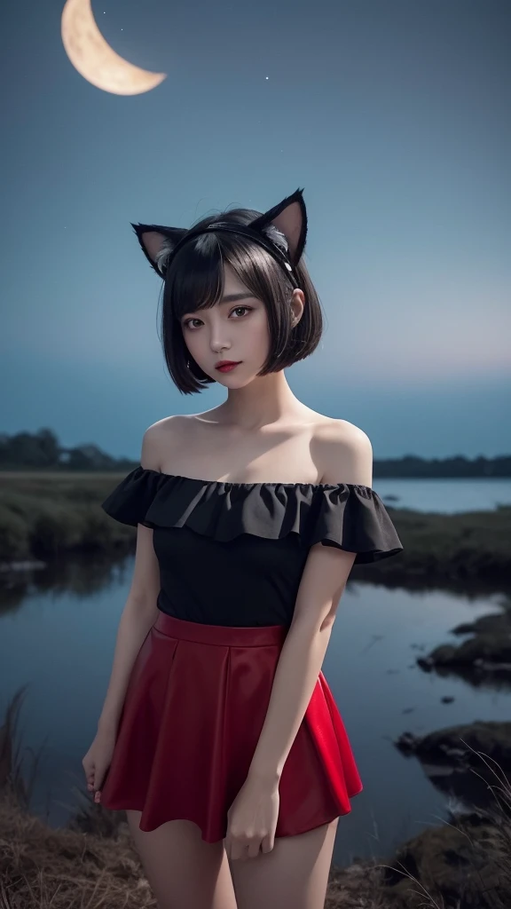 Delicate and dainty young woman with shiny bob-cut black hair and cat ears. She is wearing an off-the-shoulder red only mini-skirt dress. The background is a fantastic and ethereal night sky that seems to be haunted by a specter. Her expression is stern and atmospheric. Angle from directly below