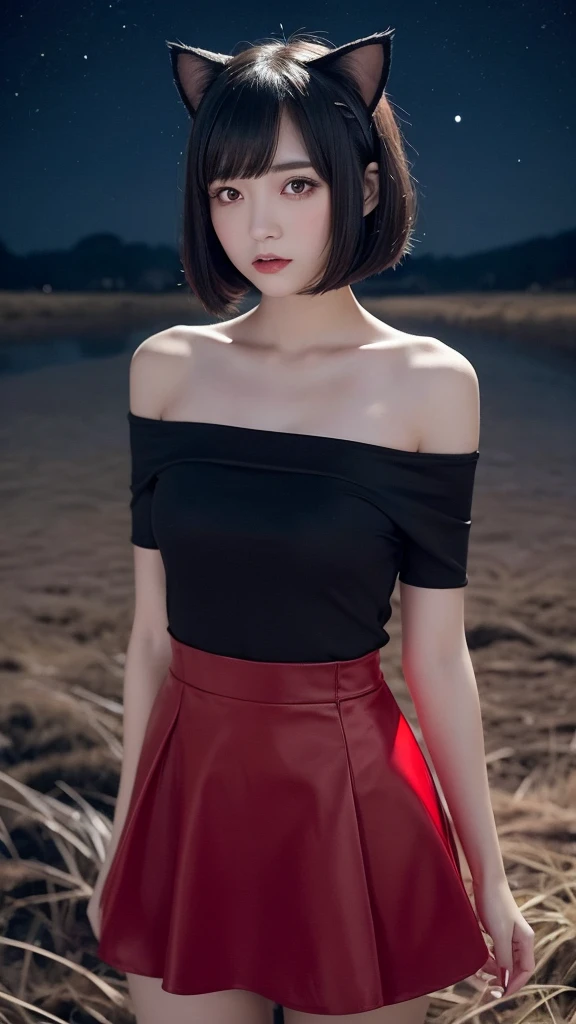 Delicate and dainty young woman with shiny bob-cut black hair and cat ears. She is wearing an off-the-shoulder red only mini-skirt dress. The background is a fantastic and ethereal night sky that seems to be haunted by a specter. Her expression is stern and atmospheric. Angle from directly below