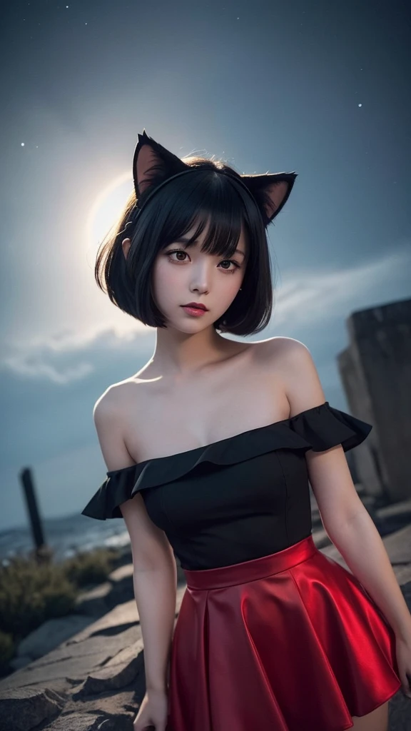 Delicate and dainty young woman with shiny bob-cut black hair and cat ears. She is wearing an off-the-shoulder red only mini-skirt dress. The background is a fantastic and ethereal night sky that seems to be haunted by a specter. Her expression is stern and atmospheric. Angle from directly below