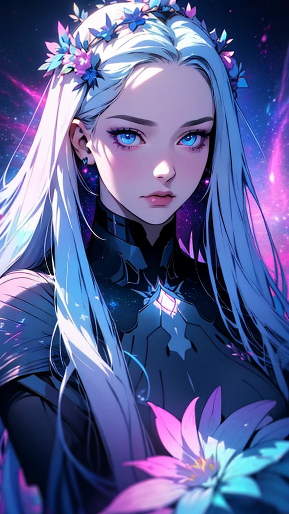 hyper-realistic of a mysterious woman with flowing spectrum hair, piercing blue eyes, and a delicate floral crown, upper body, lovely, spectrum, holographic, Transparent, galaxies, botanical,