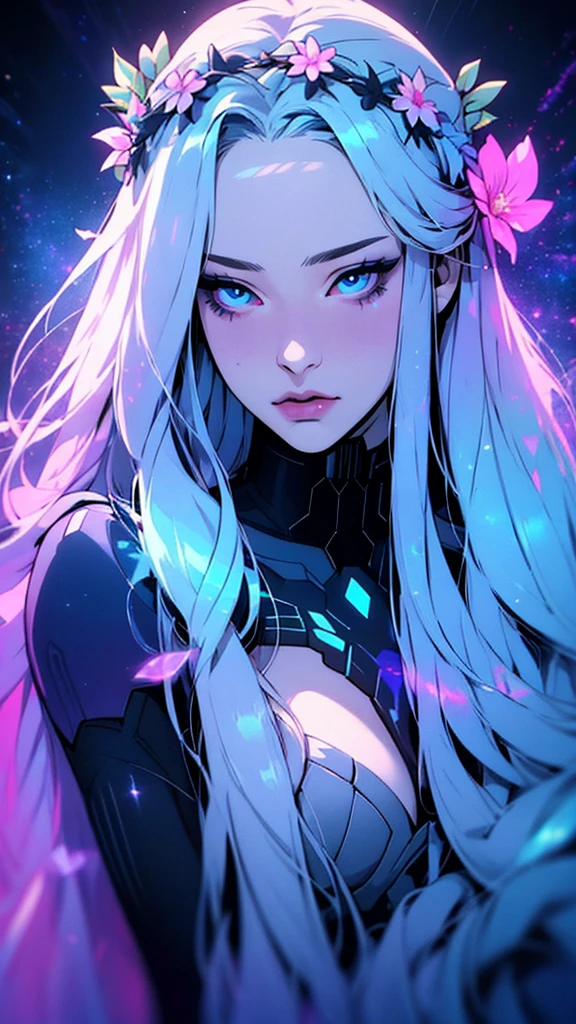 hyper-realistic of a mysterious woman with flowing spectrum hair, piercing blue eyes, and a delicate floral crown, upper body, lovely, spectrum, holographic, Transparent, galaxies, botanical,
