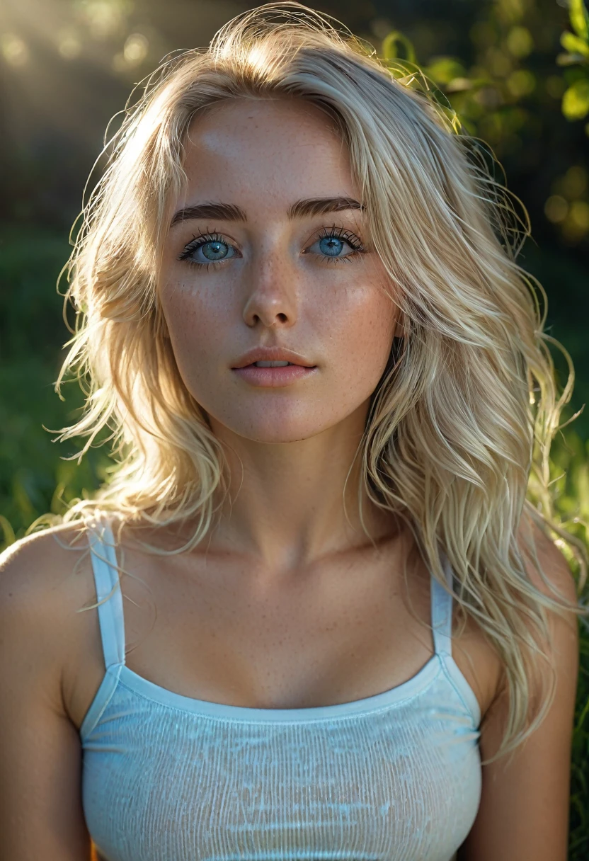 full body shot of a beautiful young girl, beautiful 25 year old girl, , de profile, sitting on the grass, intricate light blonde hair, pouting, sweaty, sunlit, dripping wet, leaning back, 8K,Best quality, masterpiece, ultra high res, (photorealistic:1.4), raw photo, (Authentic skin texture:1.3), (film grain:1.3), young girl wide hips, beautiful detailed bright greay green and blue eyes, masterpiece, best quality, pastel dreamy light, bathing in backlighting, (((wearing a white and blue crop top))), sunrays, fog, haze, sunlit, cozy, morning dew, backlighting, hazy, golden hour, morning light, looking at camera, countryside, masterpiece, best quality, ultra-detailed eyes, solo, shadows, contrast, cinematic light, side lighting, ultra high resolution, best shadow, RAW, 4k, ultra-realistic style, detailed face and eyes, Cinematic, Color Grading, professional Photography, Depth of Field, hyper-detailed, beautifully color-coded, insane details, intricate details, beautifully color graded, full body shot, epic scene composition, fit girl, small perky breasts, cinematic look, dslr, high quality, film grain, (pubic hair), extreme quality, slightly wet panties,