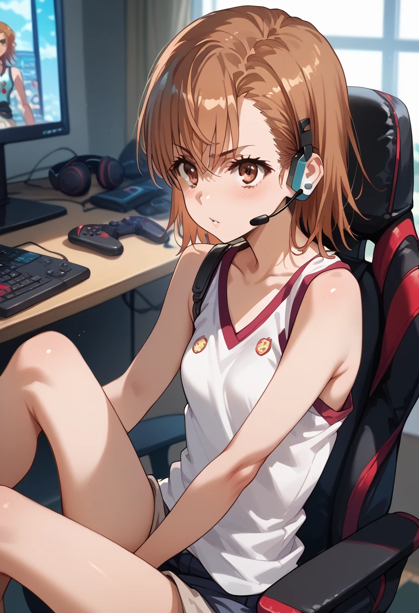 masterpiece,High resolution,Highest quality,8k
(Misaka Mikoto)(14-year-old female,Brown Hair,Short Hair,Small breasts,Slim figure)
(Tank top)room,Sit in a gaming chair,Put on a headset