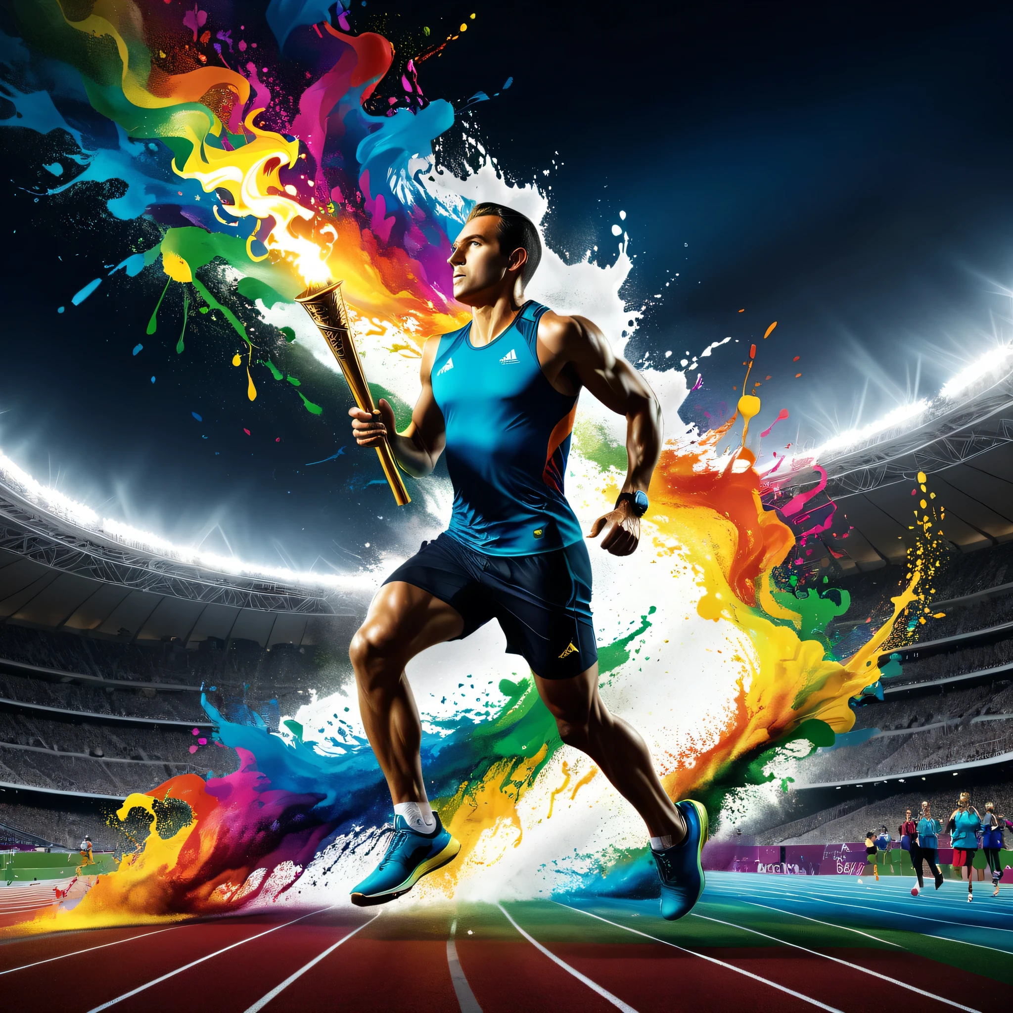 A man running with the Olympic torch, intricate rainbow ink splashes, abstract ink painting, dramatic lighting, cinematic composition, hyperrealistic, digital painting, 8k, incredibly detailed, vibrant colors, dynamic movement, dramatic shadows, stunning realism, photorealistic, masterpiece, (best quality,4k,8k,highres,masterpiece:1.2),ultra-detailed,(realistic,photorealistic,photo-realistic:1.37),award-winning art,olympic stadium,dramatic atmosphere,cinematic perspective,incredible detail,rich texture,vivid colors,powerful lighting