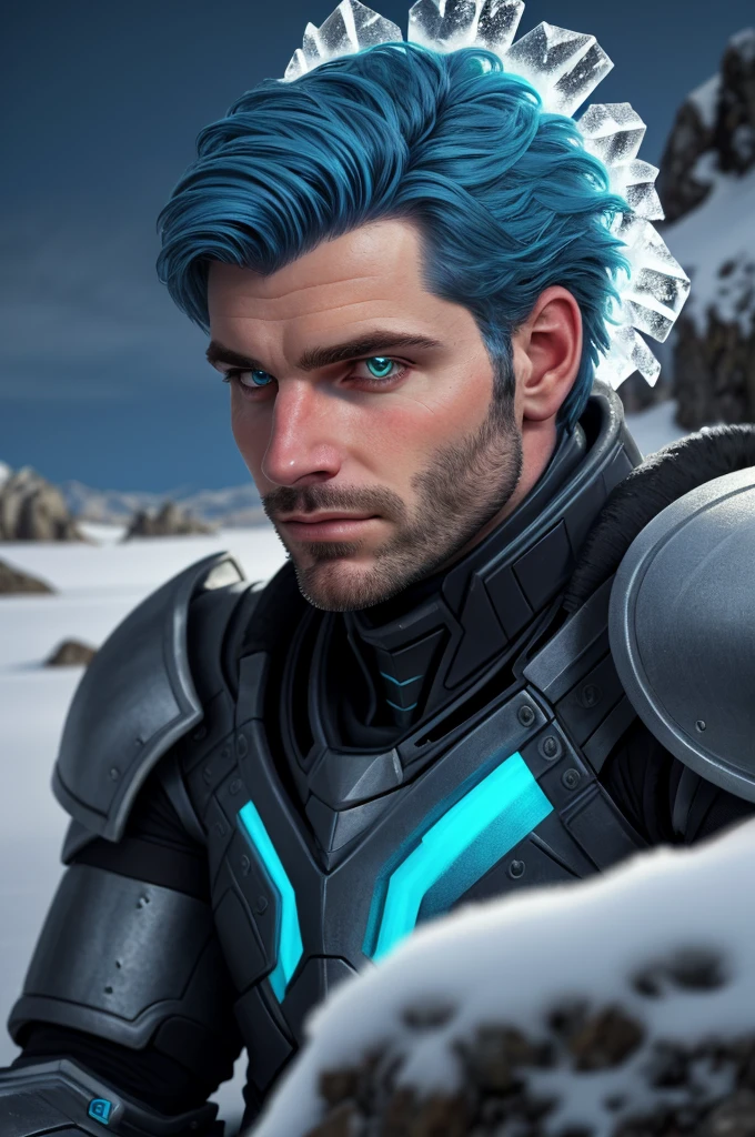  extreme close-up, close-up on face, man, sitting on a rock, futurist neon armor , blue hair and blue stubble, snowy landscape with ice crystals. (best quality, 4k, 8k, high resolution, masterpiece: 1.2, Ultra detailed) Very detailed face, detailed facial features