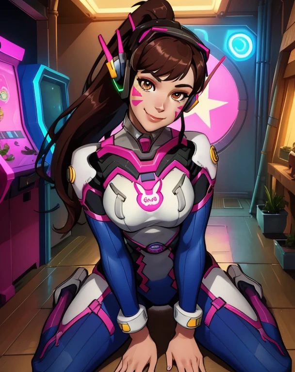 Dva, brown hair, brown eyes,  facial mark,   ponytail, 
bodysuit, armor,   headphones, looking at viewer,  breastplate, 
upper body, sitting,  full body, standyng
arcade, indoors,  neon lights,  smile, 
(insanely detailed, beautiful detailed face,beautiful detailed eyes, masterpiece, best quality),solo, 