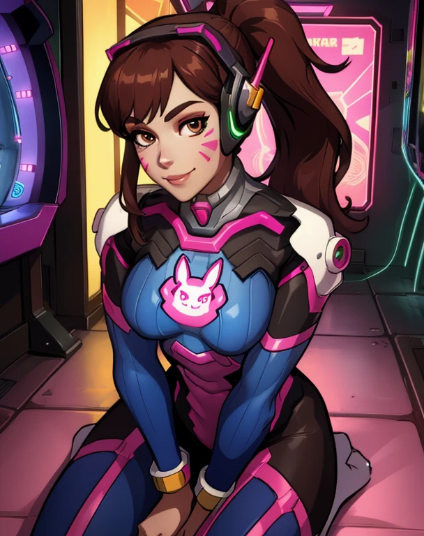 Dva, brown hair, brown eyes,  facial mark,   ponytail, 
bodysuit, armor,   headphones, looking at viewer,  breastplate, 
upper body, sitting,  full body, standyng
arcade, indoors,  neon lights,  smile, 
(insanely detailed, beautiful detailed face,beautiful detailed eyes, masterpiece, best quality),solo, 