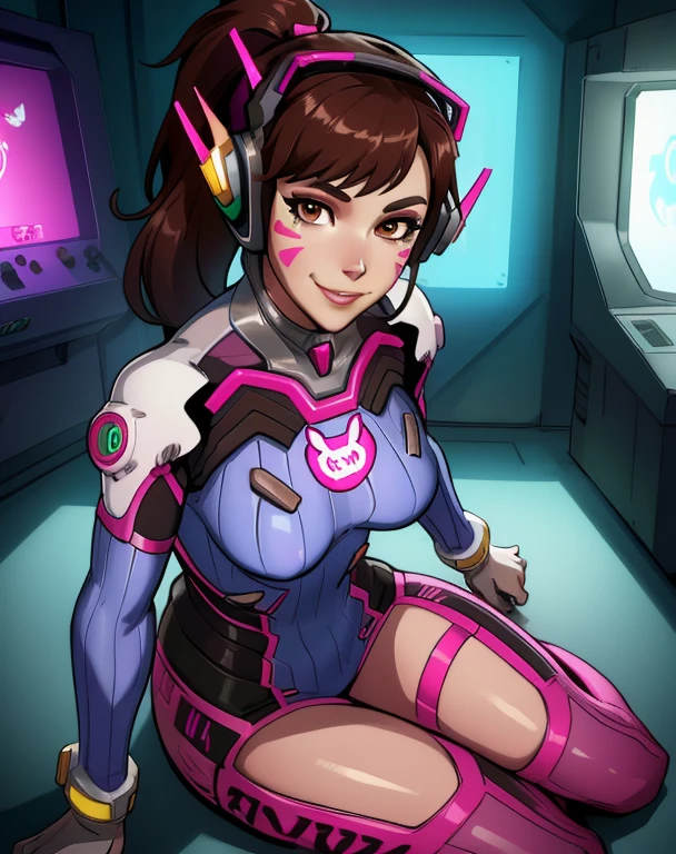 Dva, brown hair, brown eyes,  facial mark,   ponytail, 
bodysuit, armor,   headphones, looking at viewer,  breastplate, 
upper body, sitting,  full body, standyng
arcade, indoors,  neon lights,  smile, 
(insanely detailed, beautiful detailed face,beautiful detailed eyes, masterpiece, best quality),solo, 