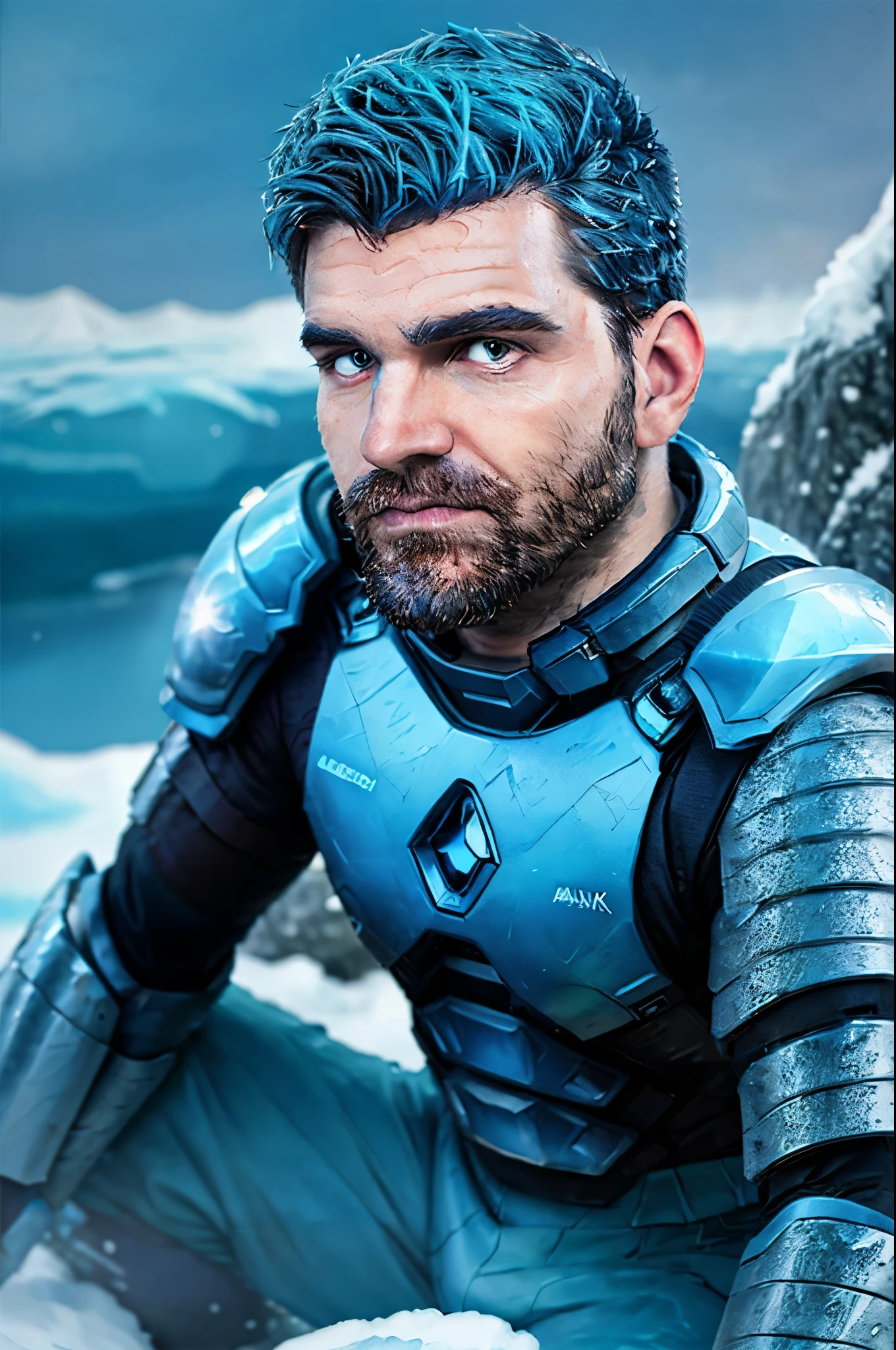  extreme close-up, close-up on face, man, sitting on a rock, futurist neon armor , blue hair and blue stubble, snowy landscape with ice crystals. (best quality, 4k, 8k, high resolution, masterpiece: 1.2, Ultra detailed) Very detailed face, detailed facial features