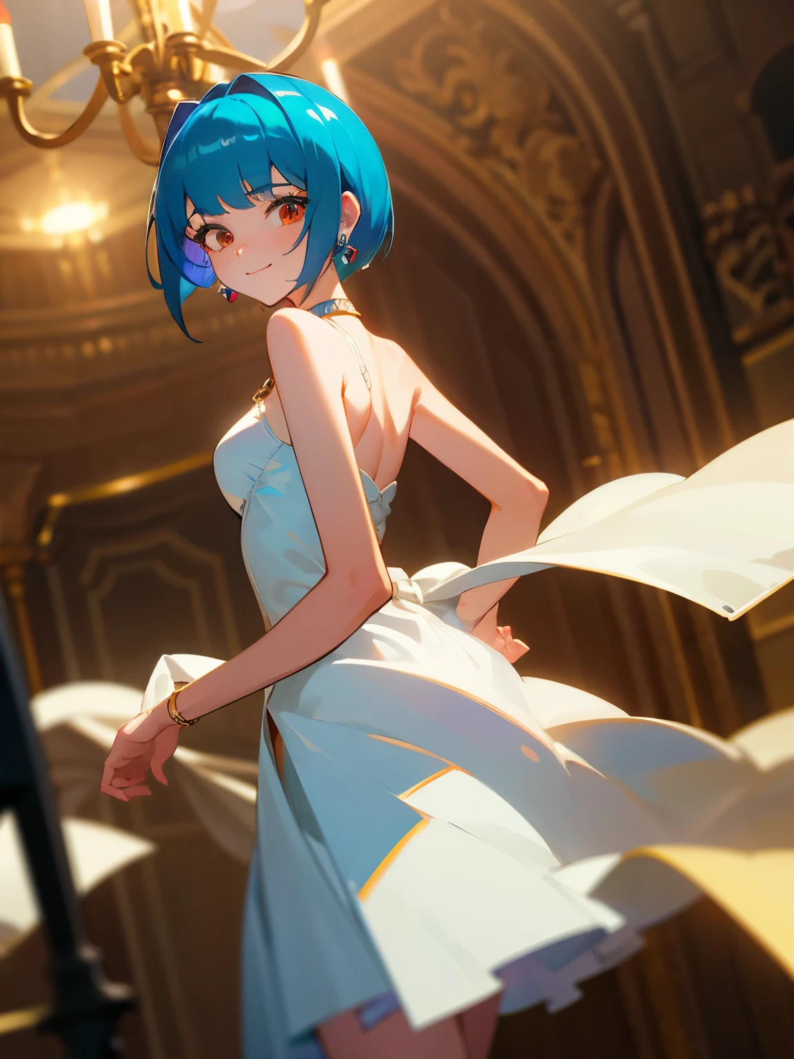 (masterpiece, best quality, absurdres, very detailed eyes), 1girl, solo, solofocus, cyan hair, short hair, red eyes, bangs, closeup, ager, cyberpunk, 20 year old, 1girl, white dress, ball room, gilded wall, painting, chandelier, earrings, pierced ears, hooped earrings, royal dress, hands behind back, smile