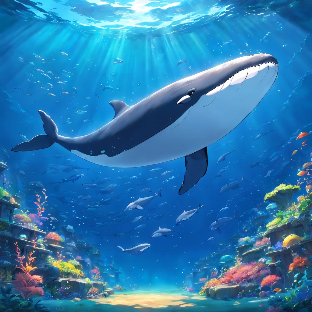 deep sea、Beautiful scenery、Unidentified creatureysterious、A whale is swimming