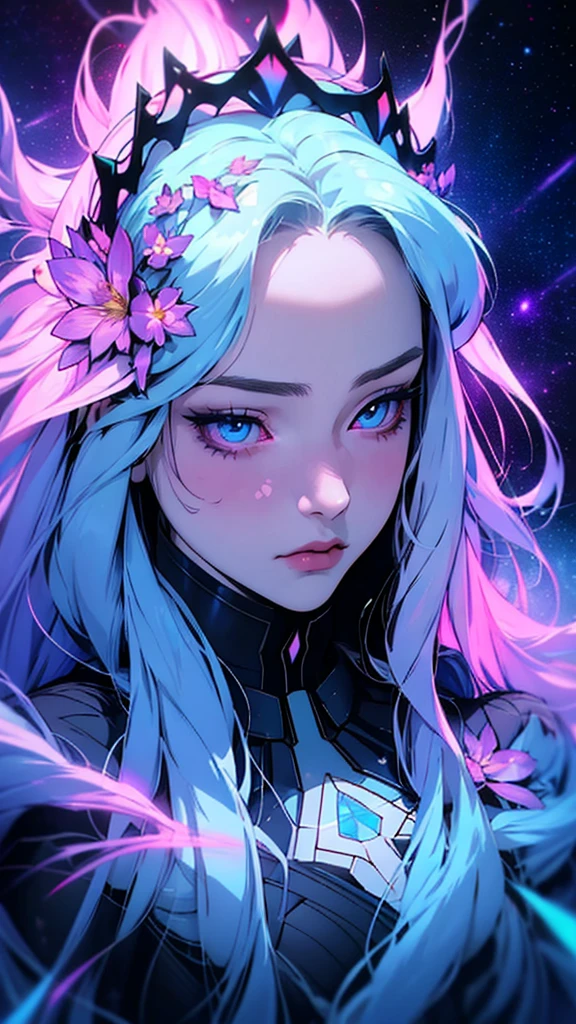 hyper-realistic  of a mysterious woman with flowing spectrum hair, piercing blue eyes, and a delicate floral crown, upper body,  lovely, spectrum, holographic, Transparent, galaxies, botanical, 