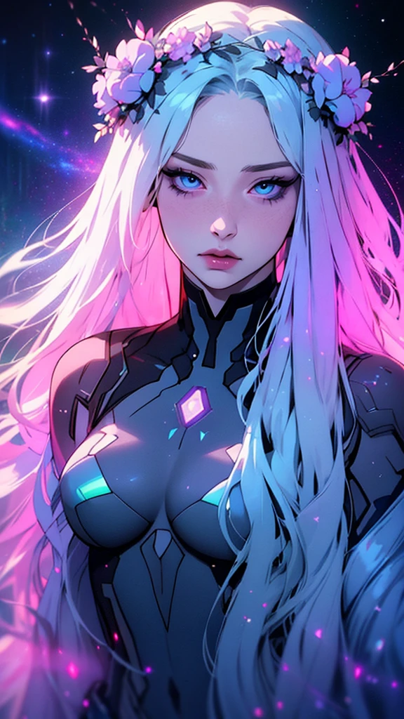 hyper-realistic of a mysterious woman with flowing spectrum hair, piercing blue eyes, and a delicate floral crown, upper body, lovely, spectrum, holographic, Transparent, galaxies, botanical,
