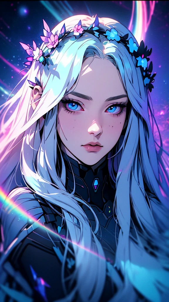 hyper-realistic  of a mysterious woman with flowing spectrum hair, piercing blue eyes, and a delicate floral crown, upper body,  lovely, spectrum, holographic, Transparent, galaxies, botanical, 