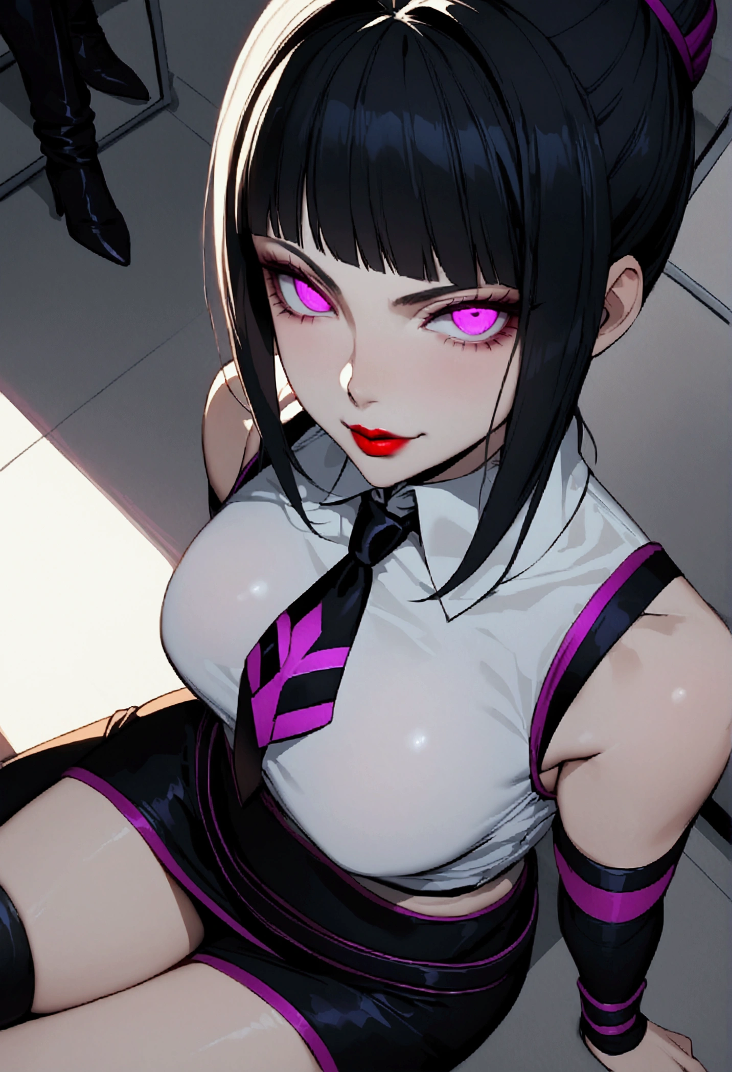 juri han, work of art, tight white secretary shirt with black tie, black high waist skirt, short skirt,stocking, black hair, black tightscary sun,office,bangs on the eyes,Lighting, hair with purple details,view from above,staring overhead,evil smile,sitting,cross legs,glowing purple eyes,red lips,The eyes