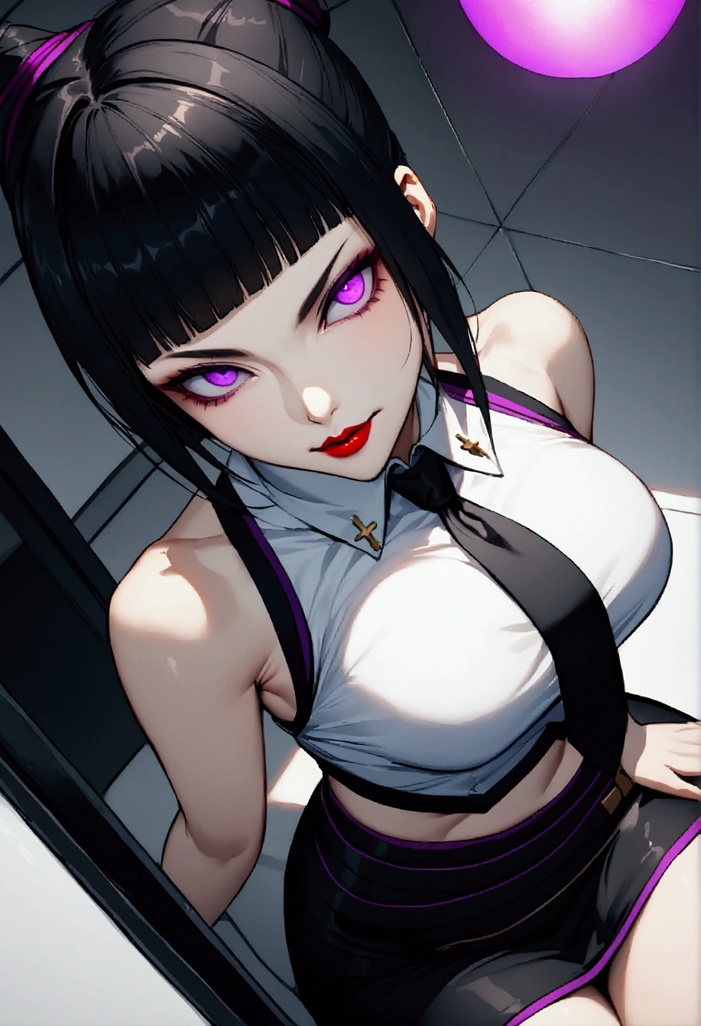 juri han, work of art, tight white secretary shirt with black tie, black high waist skirt, short skirt,stocking, black hair, black tightscary sun,office,bangs on the eyes,Lighting, hair with purple details,view from above,staring overhead,evil smile,sitting,cross legs,glowing purple eyes,red lips,The eyes