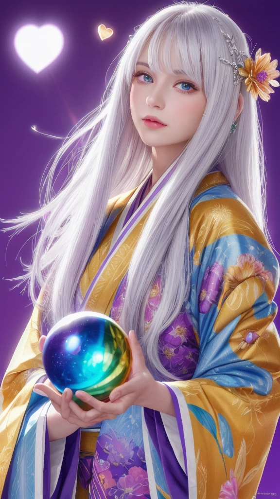 (Masterpiece: 1.3), (8k, photorealistic, raw photo, highest quality: 1.4), (single woman), beautiful face, (realistic face), (long hair), (silver hair, almost white hair, shiny hair, beautiful straight hair), (even bangs), (sharp bangs), straight hairstyle, realistic eyes, beautiful detailed eyes (purple eyes), (sharp eyes), (realistic skin), beautiful skin, (kimono), (magician's kimono), (flower hair ornament), attractive, ultra high resolution, ultra realistic, high definition, golden ratio, colorful background, (flowers blooming), (energy dancing background, flashy background, rainbow background), magician, looking forward, looking straight ahead, looking forward, eyes meeting, looking straight ahead, looking at you, holding a crystal ball, (heart crystal ball, love crystal ball). Anatomically correct, highest quality, accurate, high resolution, looking forward,