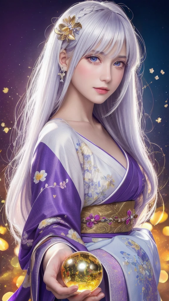 (Masterpiece: 1.3), (8k, photorealistic, raw photo, highest quality: 1.4), (single woman), beautiful face, (realistic face), (long hair), (silver hair, almost white hair, shiny hair, beautiful straight hair), (even bangs), (sharp bangs), straight hairstyle, realistic eyes, beautiful detailed eyes (purple eyes), (sharp eyes), (realistic skin), beautiful skin, (kimono), (magician's kimono), (flower hair ornament), attractive, ultra high resolution, ultra realistic, high definition, golden ratio, colorful background, (flowers blooming), (energy dancing background, flashy background, rainbow background), magician, looking forward, looking straight ahead, looking forward, eyes meeting, looking straight ahead, looking at you, holding a crystal ball, (heart crystal ball, love crystal ball). Anatomically correct, highest quality, accurate, high resolution, looking forward,