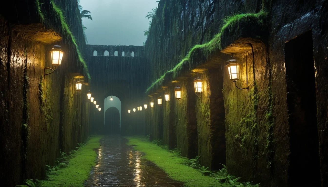     Scary horror image of a rainy night, of an ancient underground fortress, located in a remote region of the interior of Brazil.   a long, dark hallway, lit only by our lanterns. The walls were cold and damp, covered in moss and fungi, rain image. PICTURE REALISTIC, high resolution, 8k 