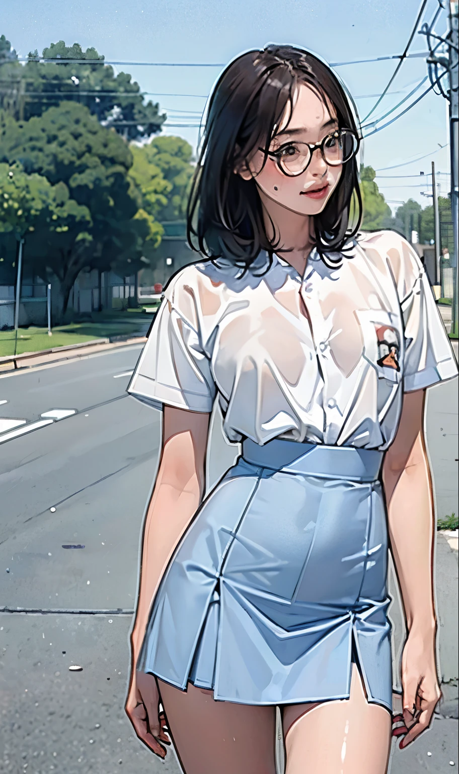 18 years old girl, (((at park))), (transparent white shirt), (wet shirt), (mini skirt), (pastel blue skirt), RAW photo, (photorealistic:1.37, realistic), highly detailed CG unified 8K wallpapers, 1girl, ((slender body:1)), (small breasts:1.3), looking at viewer, ((straight from front)), (HQ skin:1.2), (clean skin:1.2), 8k uhd, dslr, soft lighting, high quality, Fujifilm XT3, (full body:0.8) , tokyolagii , (bold glasses), full body in, perfect body, two legs, long legs, (wide waist:1.2), (big tigh:1.3), (cleavage:0.8), sad, blushing, background School Front Gate