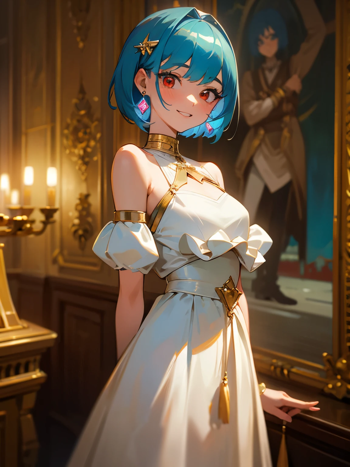 (masterpiece, best quality, absurdres, very detailed eyes), 1girl, solo, solofocus, cyan hair, short hair, red eyes, bangs, closeup, teenager, cyberpunk, 20 year old, 1girl, white dress, ball room, gilded wall, painting, chandelier, earrings, pierced ears, hooped earrings, royal dress, hands behind back, smile