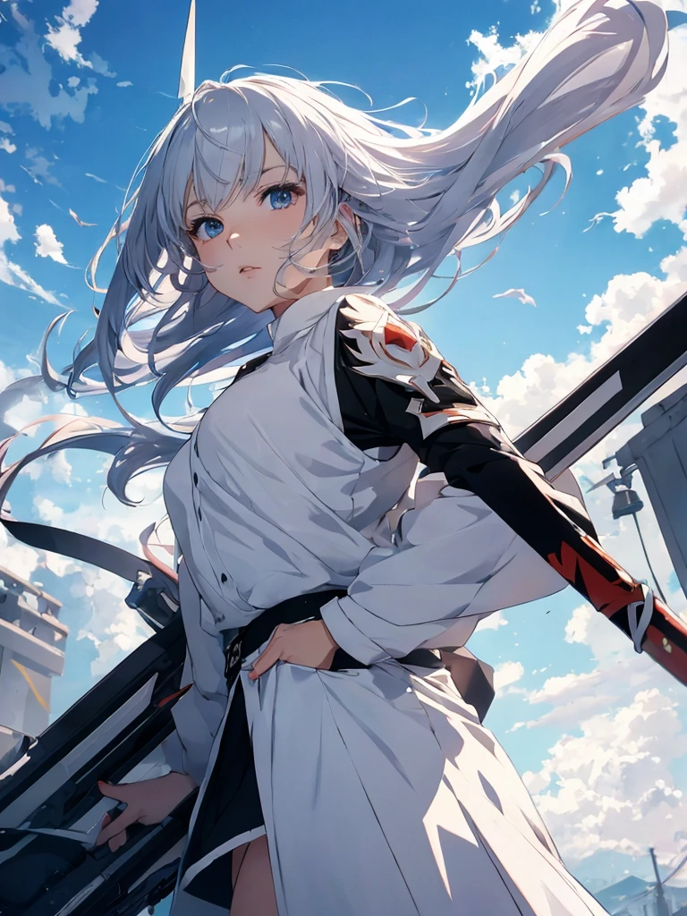 Background is white、One Woman, Amazing anime 8k,Pose looking up to the sky, male Anime characters, trigger anime art style,Japanese sword、 Best anime 4k konachan wallpaper, Nervous Teenage Assassin, Anime-style characters, Anime characters,
