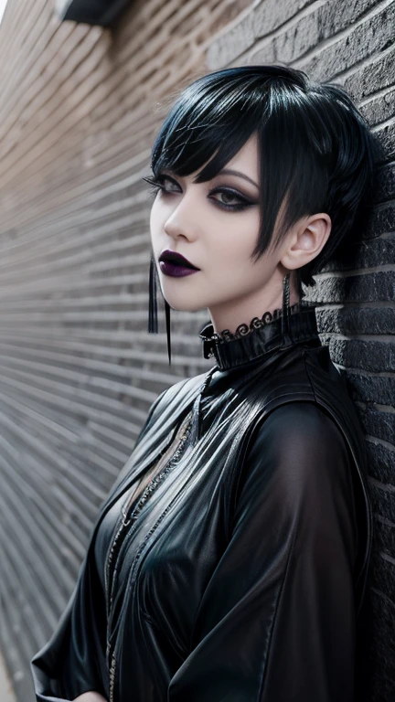 One girl, Goth Punk Haircut, In-person audience, Flat bangs, Outdoor, Leaning against a wall, Black Lipstick, Black Lips, Goth Makeup, Smokey Eye, eye shadow, eyeliner, Medium chest, Earrings, Long sleeve
