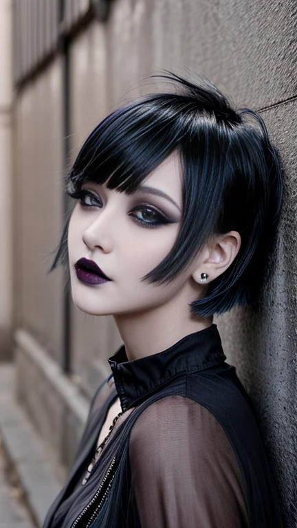 One girl, Goth Punk Haircut, In-person audience, Flat bangs, Outdoor, Leaning against a wall, Black Lipstick, Black Lips, Goth Makeup, Smokey Eye, eye shadow, eyeliner, Medium chest, Earrings, Long sleeve
