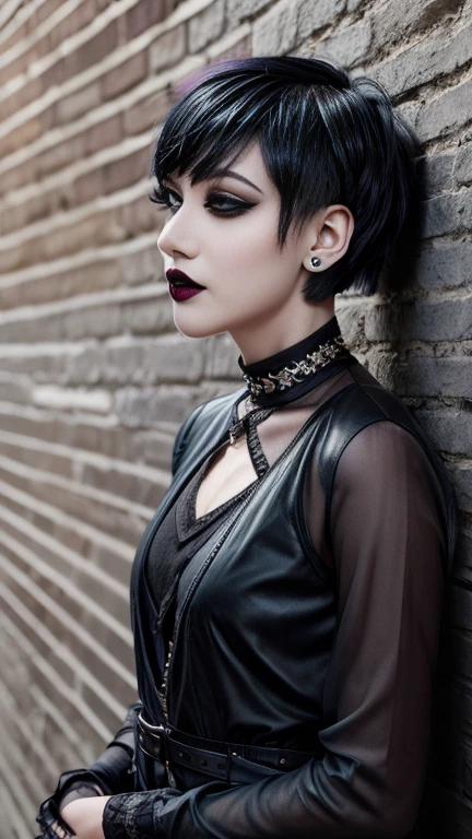 One girl, Goth Punk Haircut, In-person audience, Flat bangs, Outdoor, Leaning against a wall, Black Lipstick, Black Lips, Goth Makeup, Smokey Eye, eye shadow, eyeliner, Medium chest, Earrings, Long sleeve