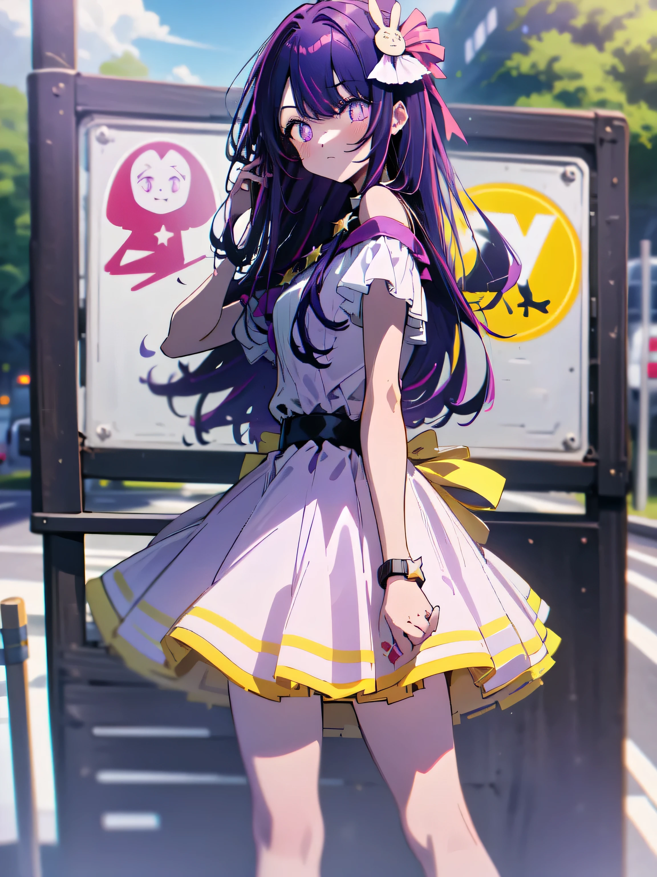 1girl, solo, hoshino ai, short sleeves, purple hair, (star-shaped pupils), long hair, bangs, looking at viewer, yellow footwear, road sign, outdoors, summer, trees, sunshine, sleeveless mini dress, bare shoulders, absurdres, 16k, masterpiece, best quality,