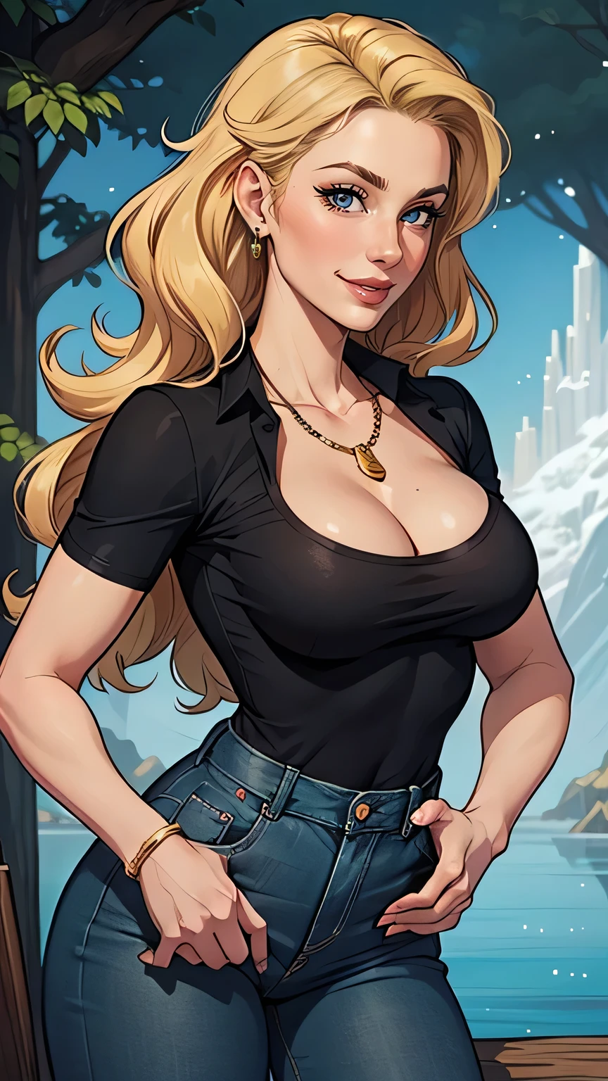 35 years old woman, very long blonde hair down to the waist and half curly with bangs, breasts small, big eyes with a passionate shine, honey green eyes, A beautiful smile, wearing a long black t-shirt with a green feminine suit and jeans, in a serious and sweet comic-style pose, high qualityAtompunk style woman character Fiona queen Anna of Arendelle with war scars Cartoon image of a woman .Illustrates??cartoon style, cartoon art style, cartoon art style, digital illustration style, atompunk style highly detailed character design, courage detailed digital art, Forest fan art, Portrait Character Design, beautiful digital illustration, high-quality portrait, comic book art, young woman with beautiful hair . Queen Anna of ArendelleBeautiful lined eyes Medium large bust and wonderful sexy clothes. image expression of sexual desire from waist to head illustration Queen Anne of Arendelle atompunk style Fallout 4 style pose playboy magazine sensual witch Character cartoon style facial expression happy beautiful smile and six medium small portrait mode waist up with lots of gold around her other stones portrait precious mode waist up queen of the south Jennifer Connelly GTA scenery dominatrix gold coins chest with jewelry with her boyfriend, a man with a black beard, armed with a military style,