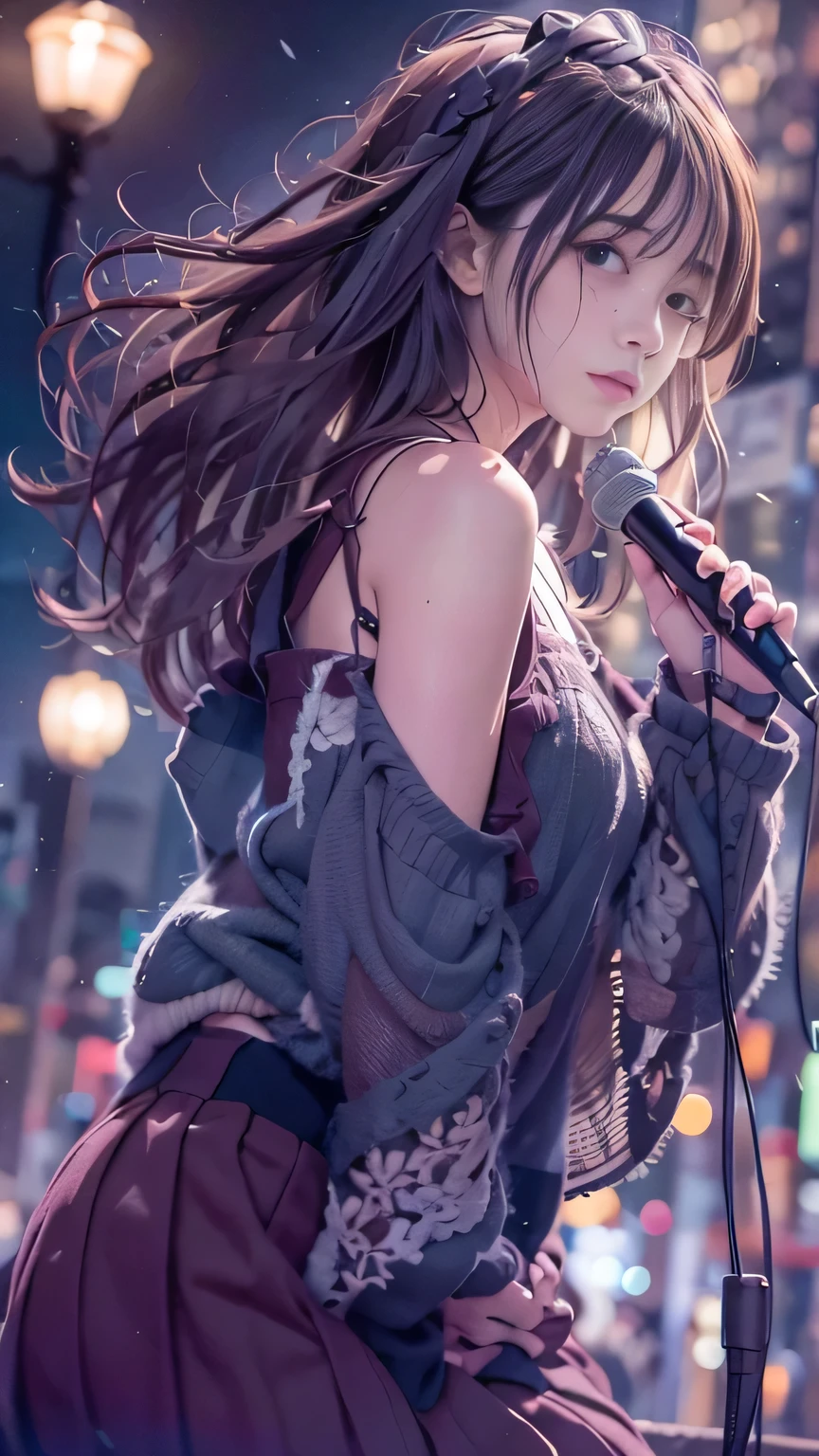 A fragile singer-songwriter singing in the city at night,Tsurime,Detailed face,Cool color makeup,People who cry when they hear the song,The audience stopped to listen, Smooth Hair,Fine hair,Very fine hair,A fragile girl,