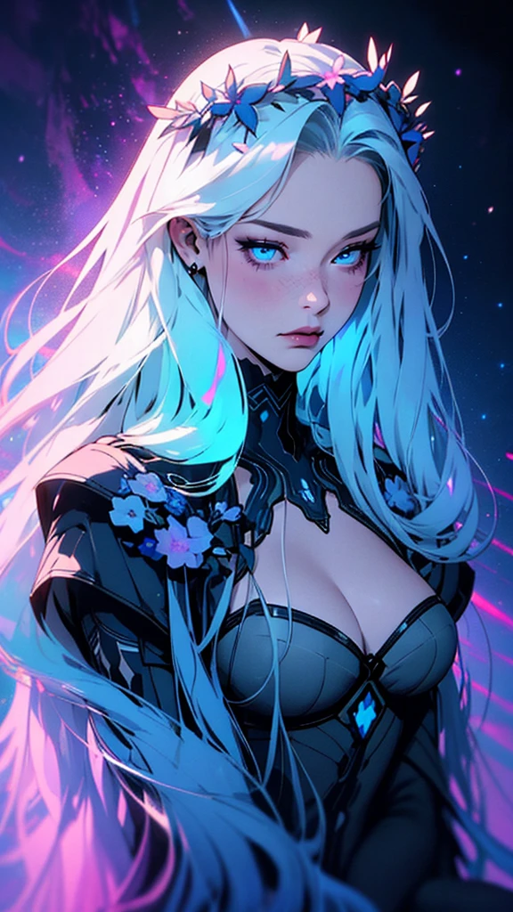 hyper-realistic of a mysterious woman with flowing hair, piercing blue eyes, and a delicate floral crown, upper body, lovely, spectrum, holographic, Transparent, galaxies, botanical,