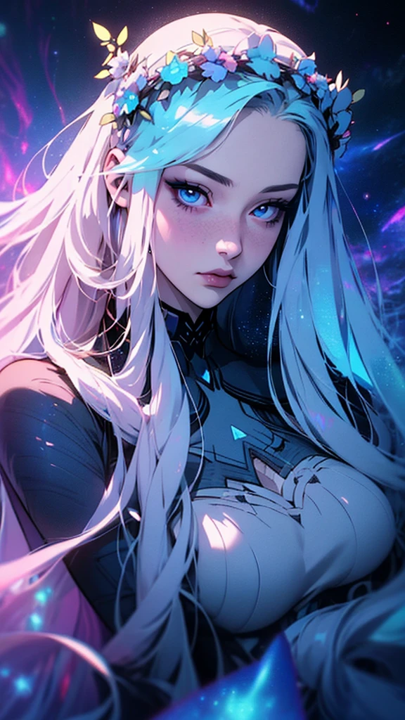 hyper-realistic of a mysterious woman with flowing hair, piercing blue eyes, and a delicate floral crown, upper body, lovely, spectrum, holographic, Transparent, galaxies, botanical,