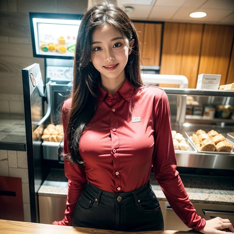 ((best quality)), ((masterpiece)), (detailed), 1 girl, (((matte prime red very loose fitting shirt with long sleeves, button-up front, very conservative))). Very saggy flat breasts, no bra, black loose fitting pants with 1 black button, standing behind fast food counter, big smile open mouth, slim thin figure, long dark hair, latin girl 20's, the appearance of hard nipples showing from under fabric of shirt, slim hips, slim thighs, flat breasts, sfw, 1 person in image, (((very skinny body))), flat red loose shirt untucked,