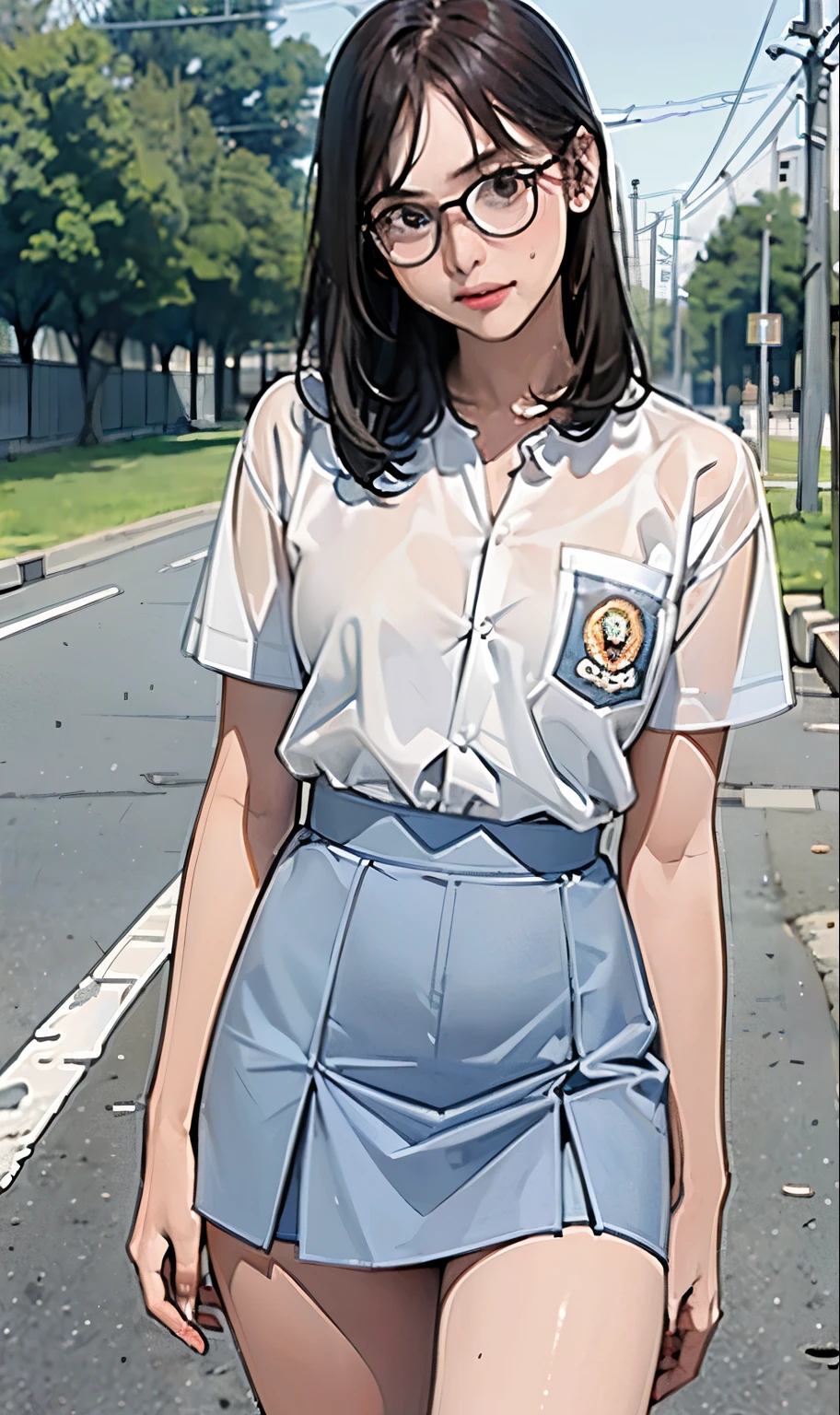 18 years old girl, (((at park))), (transparent white shirt), (wet shirt), (mini skirt), (pastel blue skirt), RAW photo, (photorealistic:1.37, realistic), highly detailed CG unified 8K wallpapers, 1girl, ((slender body:1)), (small breasts:1.3), looking at viewer, ((straight from front)), (HQ skin:1.2), (clean skin:1.2), 8k uhd, dslr, soft lighting, high quality, Fujifilm XT3, (full body:0.8) , tokyolagii , (bold glasses), full body in, perfect body, two legs, long legs, (wide waist:1.2), (big tigh:1.3), (cleavage:0.8), sad, blushing, background School Front Gate