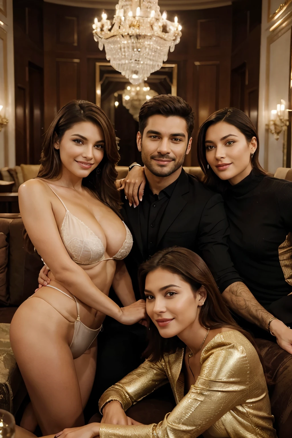 smiling man, powerful and rich sitting on a luxury sofa, surrounded by beautiful women by your side; man in the center and women at his side