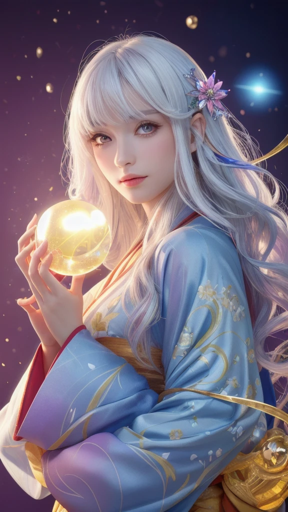 (Masterpiece: 1.3), (8k, photorealistic, raw photo, highest quality: 1.4), (single woman), beautiful face, (realistic face), (long hair), (silver hair, almost white hair, shiny hair, beautiful straight hair), (even bangs), (sharp bangs), straight hairstyle, realistic eyes, beautiful detailed eyes (purple eyes), (sharp eyes), (realistic skin), beautiful skin, (kimono), (magician's kimono), (flower hair ornament), attractive, ultra high resolution, ultra realistic, high definition, golden ratio, colorful background, (flowers blooming), (energy dancing background, flashy background, so many hearts background), magician, looking forward, looking straight ahead, looking forward, eyes meeting, looking straight ahead, looking at you, holding a crystal ball, (heart crystal ball, love crystal ball). Anatomically correct, highest quality, accurate, high resolution, looking forward,