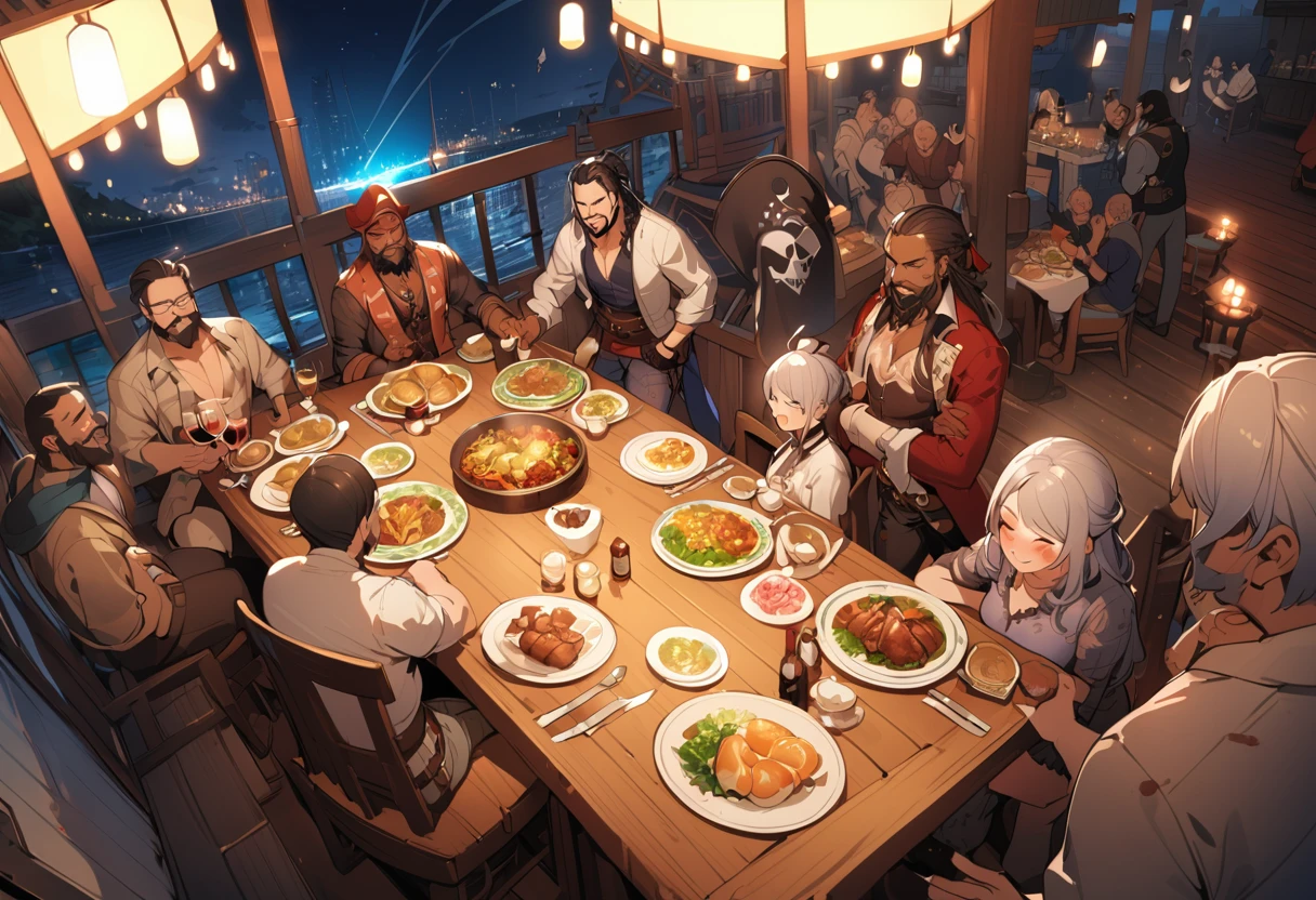 Wide Shot,The best move,Highest quality,(masterpiece:1.1576),(Ultra-detailed 8K art:1.05),(crew member,pirate,Dark Skin,middle aged,bar:1.25),night, lanthanum, Above the sea with a blue sky,male, public, (On deck,pirate船),Vibrant, fun,Laughter,Smile Break Western,(banquet,crowd,Port town:1.25),Ships, crew, Dirty clothes, Tattoo, Old Wounds,beard,Drunk, Wine Bottle,Front open shirt, blush,boots,Rolling Wine Bottles, Messy,Long trousers,(Multiple chickens),maleのダンス, maleがお酒を飲む，The music band livens up the event
