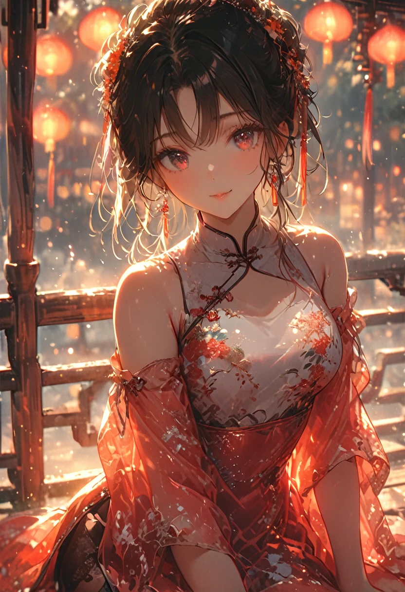 (best quality,4k,8k,highres,masterpiece:1.2),ultra-detailed,red light street,girl,beautiful detailed eyes,beautiful detailed lips,extremely detailed eyes and face, smiling coldly,long messy hair,white with pink flowers detail dress,Chinese style dress,close shot,sexy pose,bench,light particles,romantic ambiance,attractive,provocative,alluring,powerful gaze,vintage vibe,warm color palette,soft focus,gentle lighting