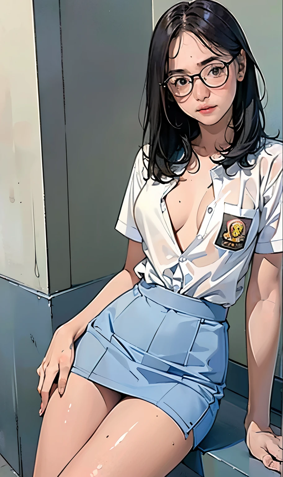 18 years old girl, (((at park))), (transparent white shirt), (wet shirt), (mini skirt), (pastel blue skirt), RAW photo, (photorealistic:1.37, realistic), highly detailed CG unified 8K wallpapers, 1girl, ((slender body:1)), (small breasts:1.3), looking at viewer, ((straight from front)), (HQ skin:1.2), (clean skin:1.2), 8k uhd, dslr, soft lighting, high quality, film grain, Fujifilm XT3, (full body:0.8) , tokyolagii , (bold glasses), full body in, perfect body, two legs, long legs, (wide waist:1.2), (big tigh:1.3), (cleavage:1), ((sad)), blushing, school corridor