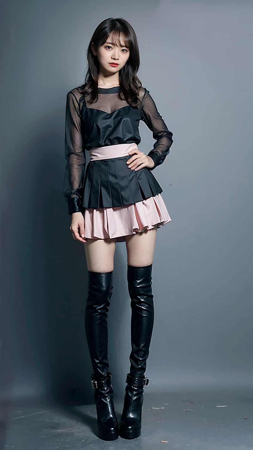 (8k、RAW Photos、Highest quality、masterpiece:1.2)、(Realistic、Realistic)、1 Girl、((Pink and black see-through dresini skirt、Exposed Skin、whole body、boots、View from the front、Looking at the camera、Bedroom、Stand with hands on hips))、cute