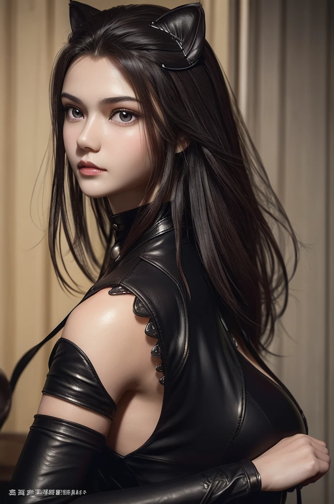 8k,Best Quality, masterpiece, ultra high resolution, (photorealistic:1.4), Photo and gross, (Genuine leather texture:1.3), (film grain:1.3),1 beautiful girl,Zhu Zhuqing, 24 year old woman with a height of 1,78 meters. He has black hair,a well developed figure, but at the same time slim, highlighting her big breasts and small waist.. white and delicate skin His eyes are light black and intelligent , and his expression is indifferent. As a garment she wears a cat ear ornament and is naked..Whole body